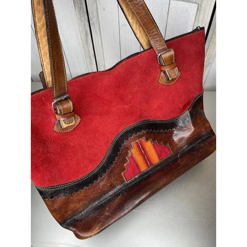 Vintage Red Suede and Brown Leather Trim Tote Bag Southwest Western